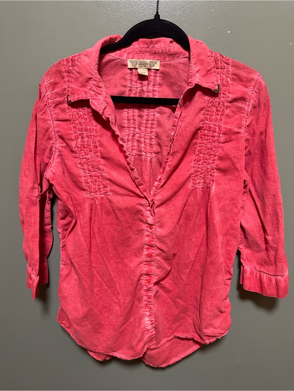 Nine West Vintage America Linen Pintuck Blouse Coral Pink Roll Tab Sleeve Large